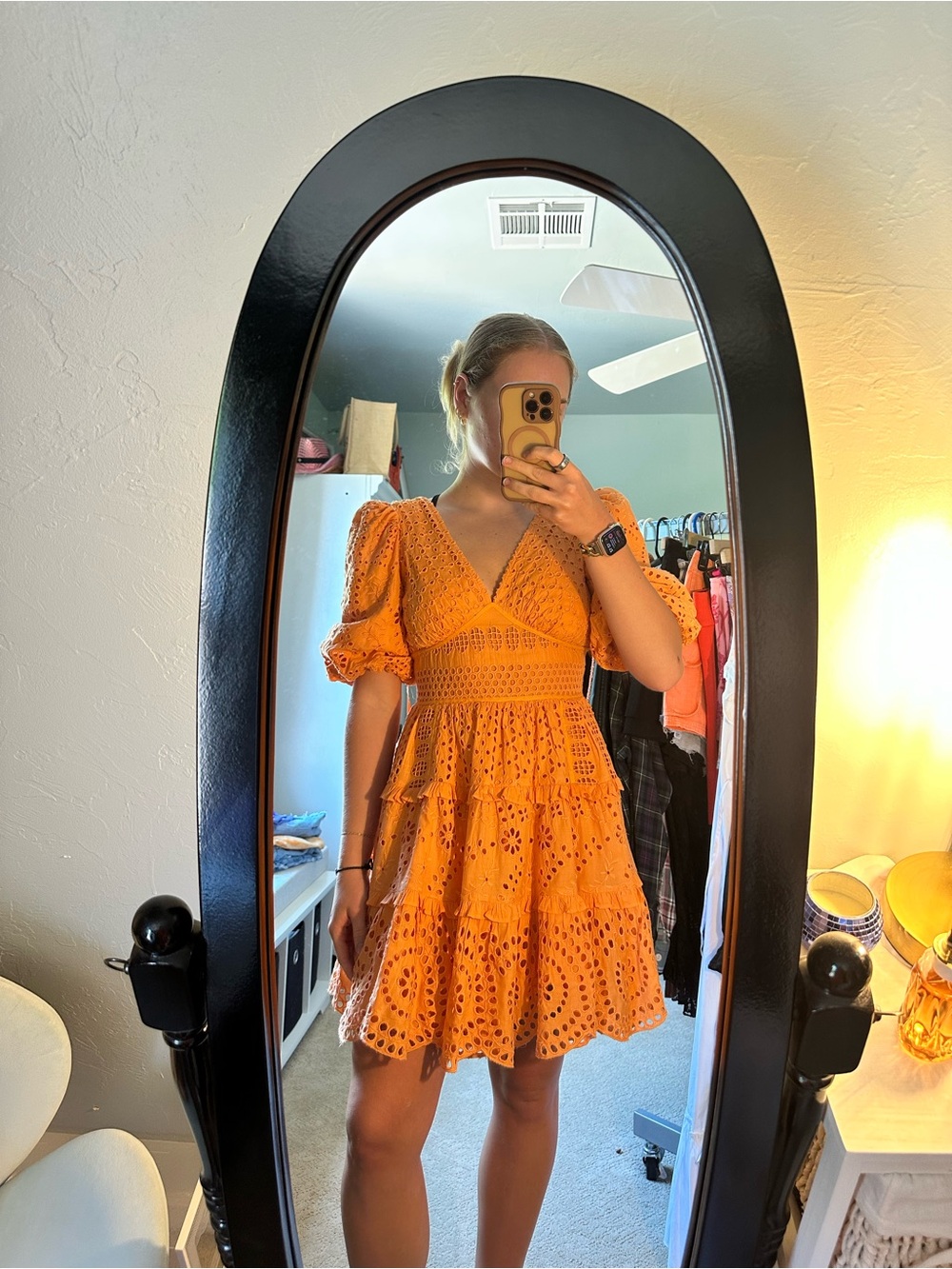 Cynthia Rowley Eyelet Tiered Mini Dress in Orange